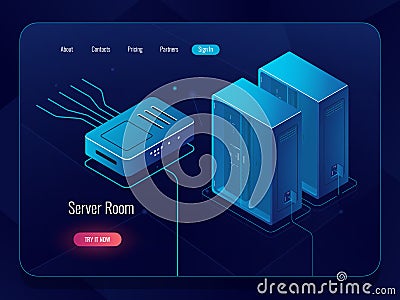 Server room, datacenter and database isometric icon, networking and internet communications, blockchain technology, dark Vector Illustration