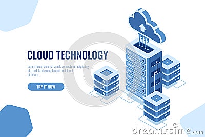 Server room, datacenter isometric icon, on white background, cloud technology computing, data database transfer vector Vector Illustration