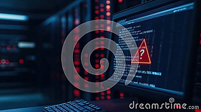 Server room dimly lit. Computer screen shows cybersecurity alert. Red warning triangle, question mark. Shows critical tech issue. Stock Photo