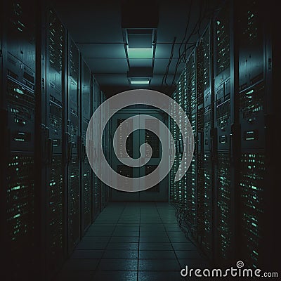 A server room, filled with computer monitors displaying complex algorithms and data streams Cartoon Illustration