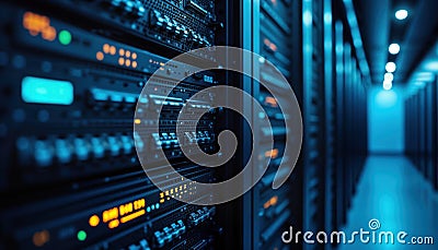 Server room filled with computer racks. Rows of dark server equipment. Modern tech infrastructure. Powerful data storage system. Stock Photo