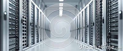 Server room infrastructure featuring multiple rows of rack mounted servers Stock Photo