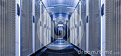 Server room interior internet telecommunication high technology in datacenter. Rows of rackes with supercomuters. Data centre Stock Photo