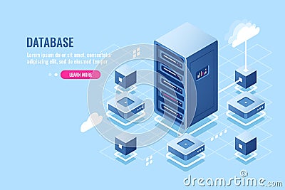 Server room isometric icon, database connection, transfer data on remote cloud storage, server rack, data center Vector Illustration