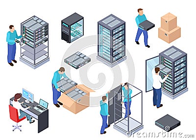 Server room isometric. Information technology server engineer, telecommunication cloud servers, computers and employees Vector Illustration