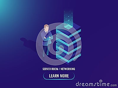 Server room isometric vector, cloud storage concept, super computer, big data processing, web hosting, abstract geometry Vector Illustration