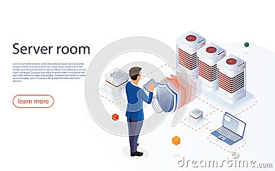 Server room isometric vector. Web hosting concept with character. Web hosting isometric vector. Internet datacenter Vector Illustration