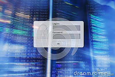 Server room, login and password request, data access and security. Stock Photo