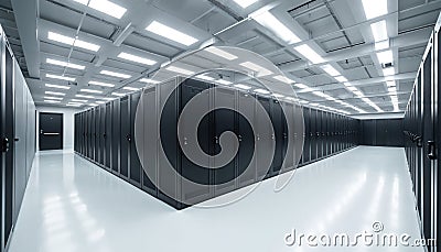Server room with modern data processing storage center, advanced supercomputer tech, efficient information management. Digital Stock Photo
