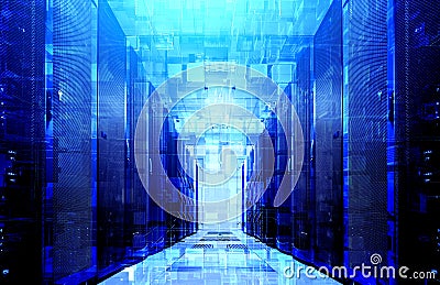 3D illustration virtual structure of cyberspace of extruded cubes on the background of modern data center with blue backlight Cartoon Illustration