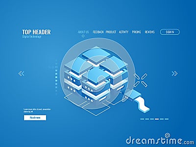 Server room rack, data storage coud technology, data center, database icon, processing of bigdata Vector Illustration