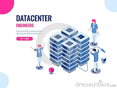 Server room rack, database and data center, cloud storage, blockchain technology, engineer, teamwork cartoon isometric Vector Illustration