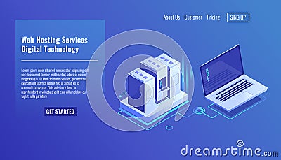 Server room rack, remote system administration, outsourcing service, computing technologies isometric vector icon 3d Vector Illustration