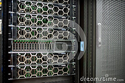 The server room tells the computer server that is working continuously. Convey the power and progress Stock Photo