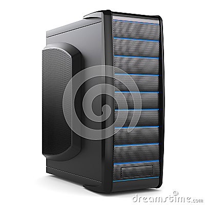 Server tower box. Black desktop PC Stock Photo