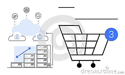 Cloud Computing with Server Infrastructure and Online Shopping Cart Highlighting Integration Vector Illustration