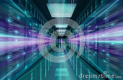 Servers data center room with bright speed light through the corridor 3D rendering Stock Photo