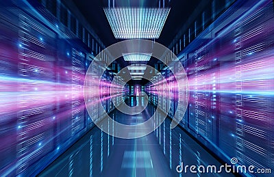 Servers data center room with bright speed light through the corridor 3D rendering Stock Photo