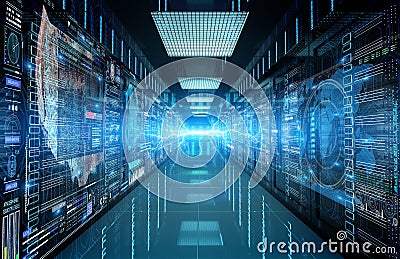 Servers data center room with storage systems and digital graphs and charts 3D rendering Stock Photo