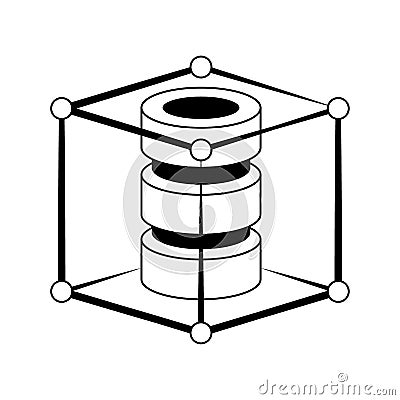 Servers disks protected inside cube security system in black and white Vector Illustration