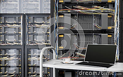 Servers and hardware room with notebook and coffee cup computer technology closeup photo Stock Photo