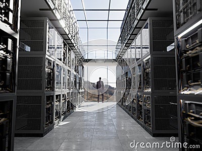 Servers and hardware room with notebook and coffee cup computer technology closeup photo Stock Photo