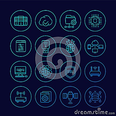 Servers, network, hosting and data line icons set Stock Photo