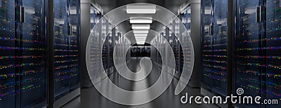 Servers. Server data center. Backup, hosting, mainframe, farm and computer rack with storage information. 3d render Cartoon Illustration