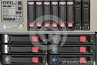 Servers stack with hard drives in a datacenter Stock Photo