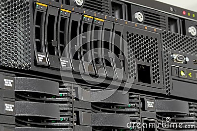 Servers stack with hard drives in a datacenter Stock Photo