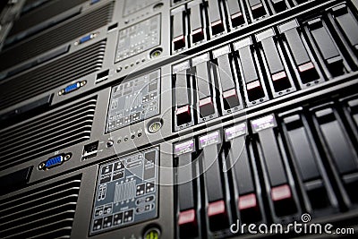 Servers stack with hard drives in a datacenter Stock Photo