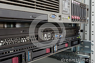 Servers stack with hard drives in a datacenter Stock Photo