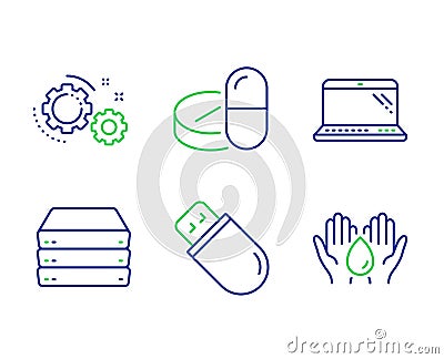 Servers, Usb stick and Medical drugs icons set. Gears, Laptop and Safe water signs. Vector Vector Illustration