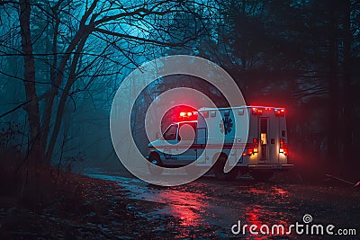 An ambulance, its siren blaring urgently, races through the rain and lightning on a stormy night Stock Photo