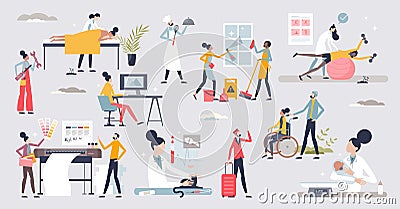 Service business set with assistance occupation elements tiny person concept Vector Illustration