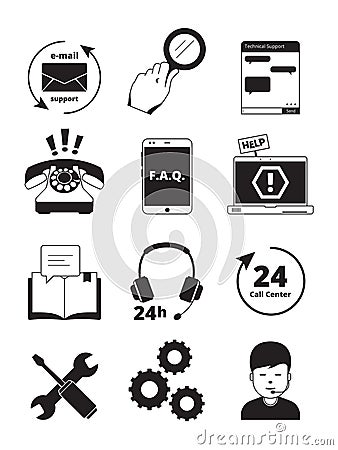 Service center black icons. Tech 24h support customer web chat help admin headset phone manager assistance people vector Vector Illustration