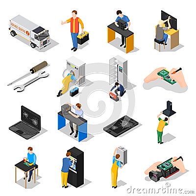 Service Centre Isometric Icons Set Vector Illustration