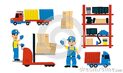 Service Delivery Set, Trucks Transport, Warehouse Building, Logistics Center, Loading, Unloading, Goods Delivery Vector Vector Illustration