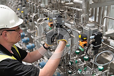 A service engineer checks an pneumatic valve Stock Photo