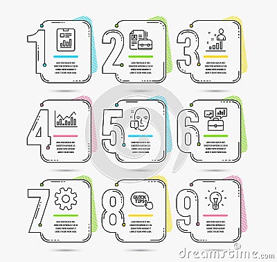 Service, Face attention and Quick tips icons. Infochart, Stats and Report document signs. Vector Vector Illustration