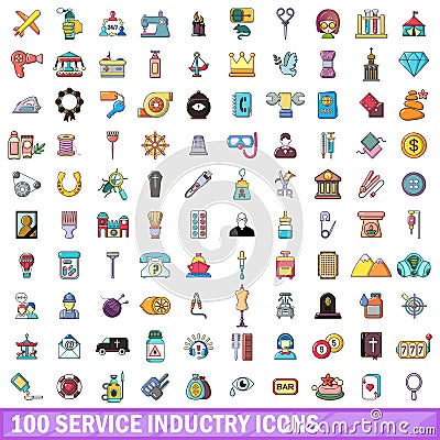 100 service industry icons set, cartoon style Vector Illustration