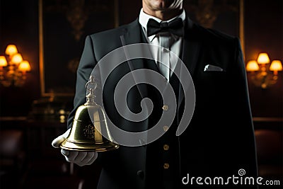 Service industry symbol Butler in suit, white gloves, ringing bell Stock Photo