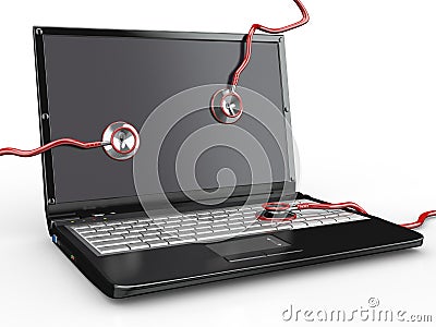Service for laptop repair. Laptop and stethoscope Stock Photo