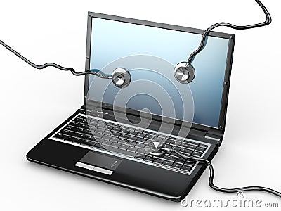 Service for laptop repair. Laptop and stethoscope Stock Photo