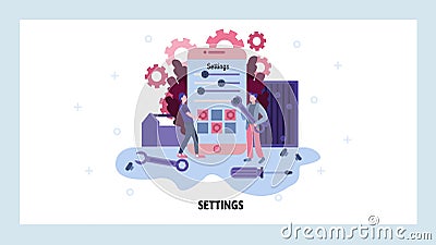 Service man setup settings on mobile phone. Repair and fix smartphone service. Vector web site design template. Landing Vector Illustration