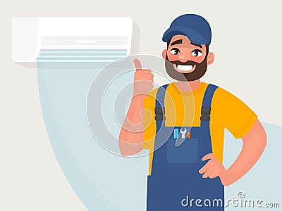 Service and repair of air conditioners. The repairman on the background of a properly functioning air conditioner. Vector illustra Cartoon Illustration