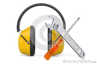 Service and repair of ear defenders, 3D rendering Stock Photo