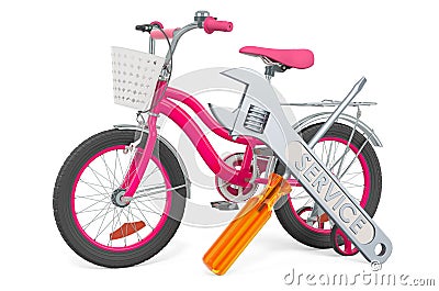 Service and repair of kids bicycle, 3D rendering Stock Photo