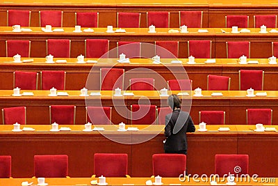 Service staff clearing tables after China's parliament session Editorial Stock Photo