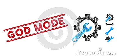 Service Tools Mosaic and Scratched God Mode Stamp Seal with Lines Vector Illustration